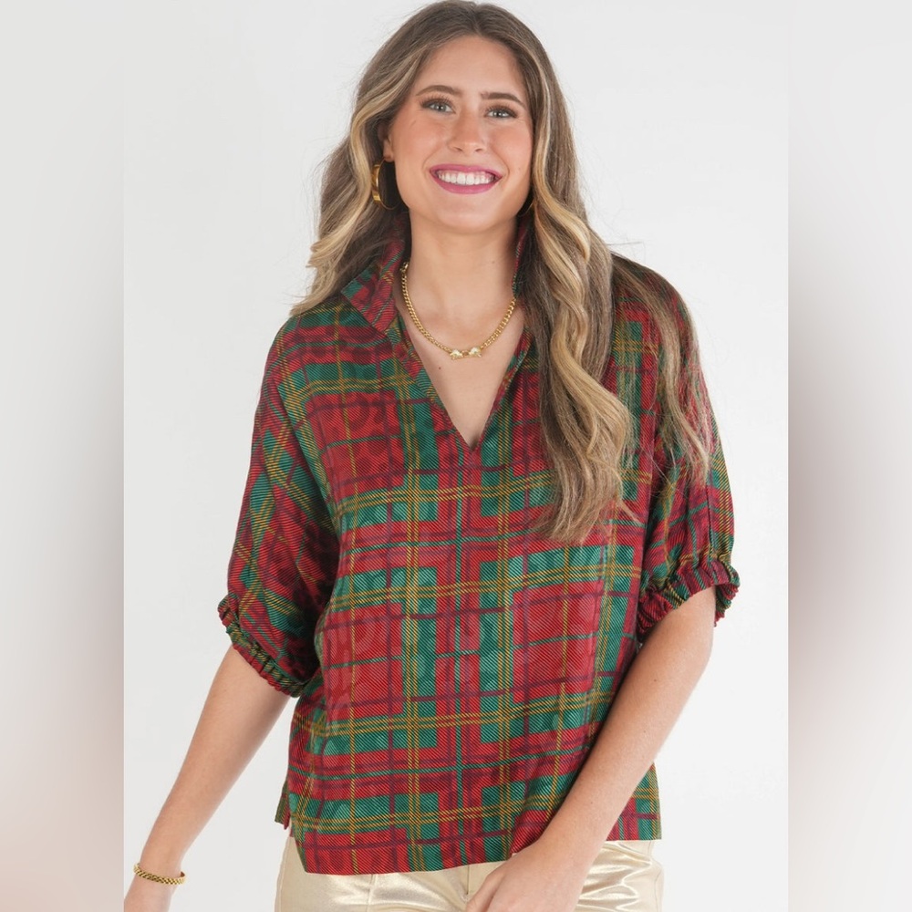 EMILY MCCARTHY POPPY TOP- Plaid V-Neck Women’s Top NWT $210